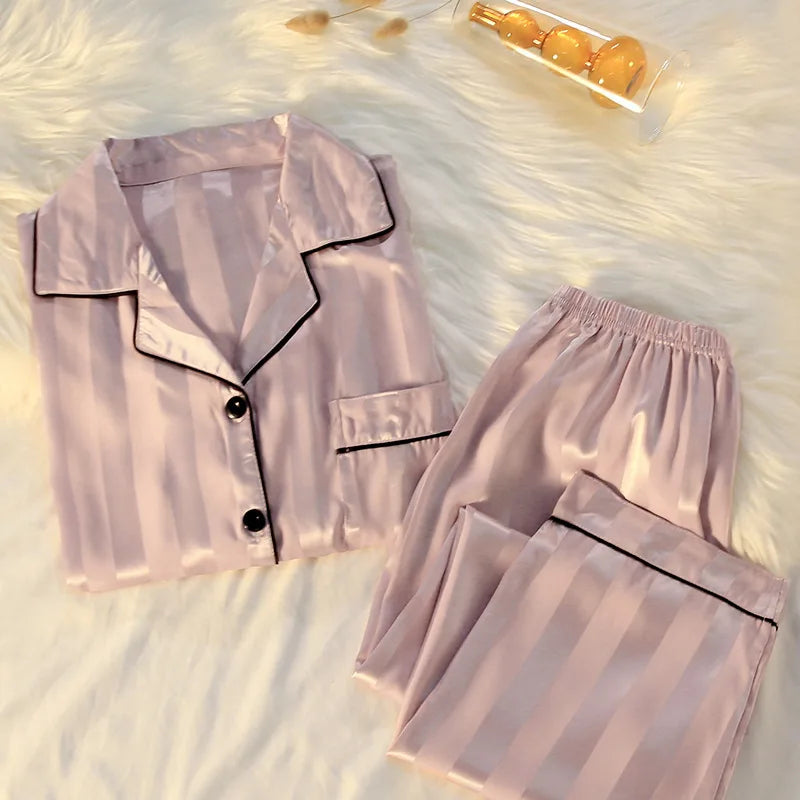 SFYS02 High Quality 2023 Ice Silk Long Sleeve Pajamas Set Thin Plus Size Casual Home Wear Light Luxury Silk Women'S Pajama