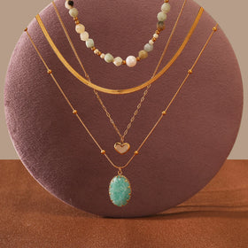2024 New Design Choker Pendant Necklace INS Hot Sale Amazonite Heart Stainless Steel 18K Gold Plated Snake Chain Waterproof