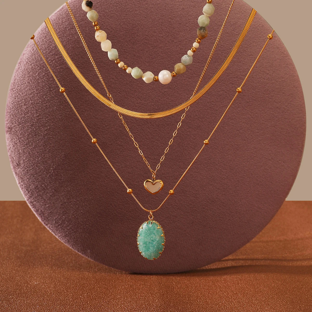 2024 New Design Choker Pendant Necklace INS Hot Sale Amazonite Heart Stainless Steel 18K Gold Plated Snake Chain Waterproof