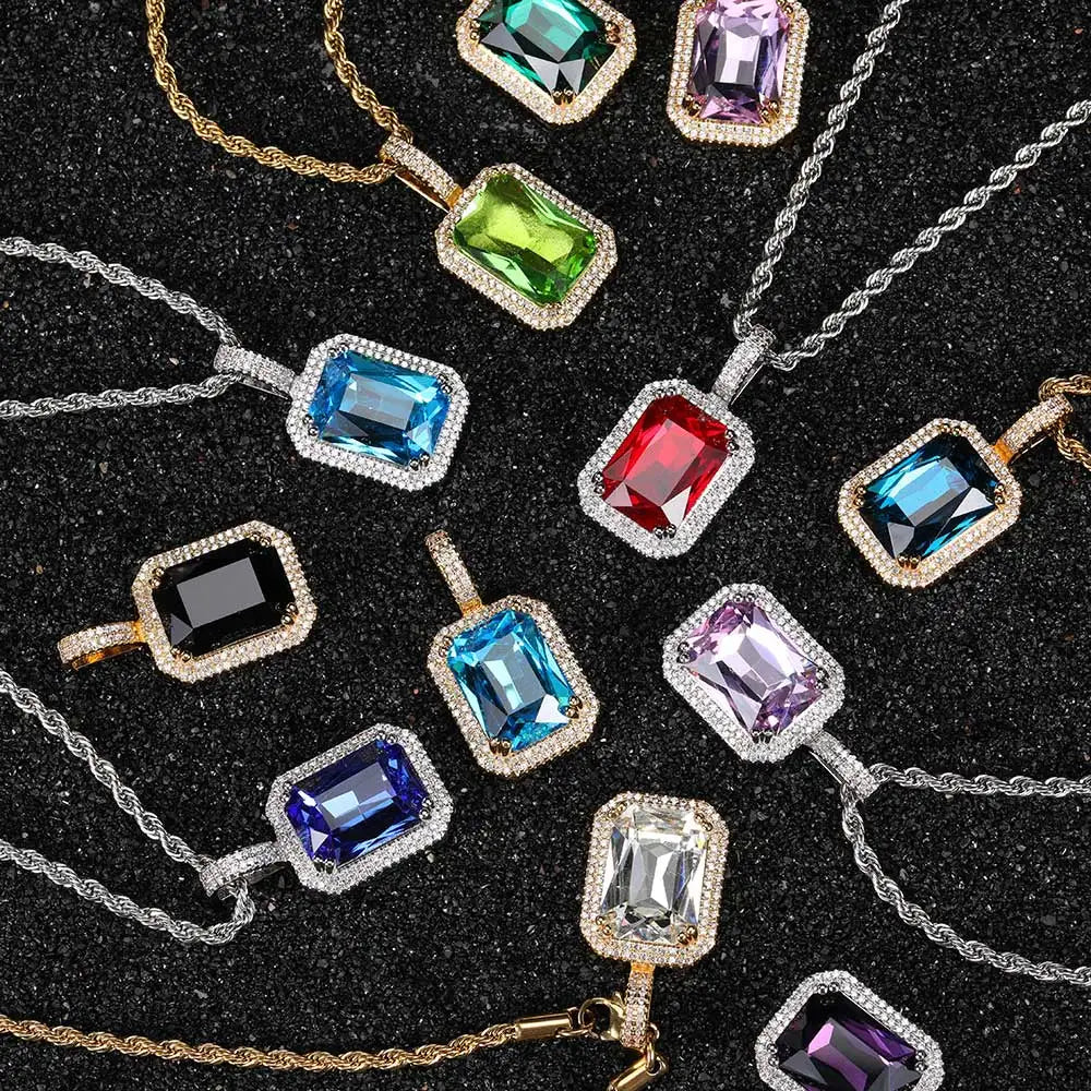 Punk Style Rrectangular Zircon Gold Silver Large Gemstone Iced Out Square Gem Stone Charm Pendant