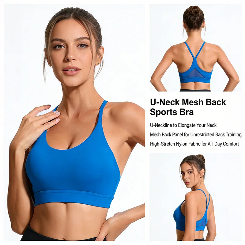 Women's Y-Back Mesh Panel Sports Lightweight Padded Athletic Bra Thin Straps and U-Neck Design Breathable High Stretch Gym Top