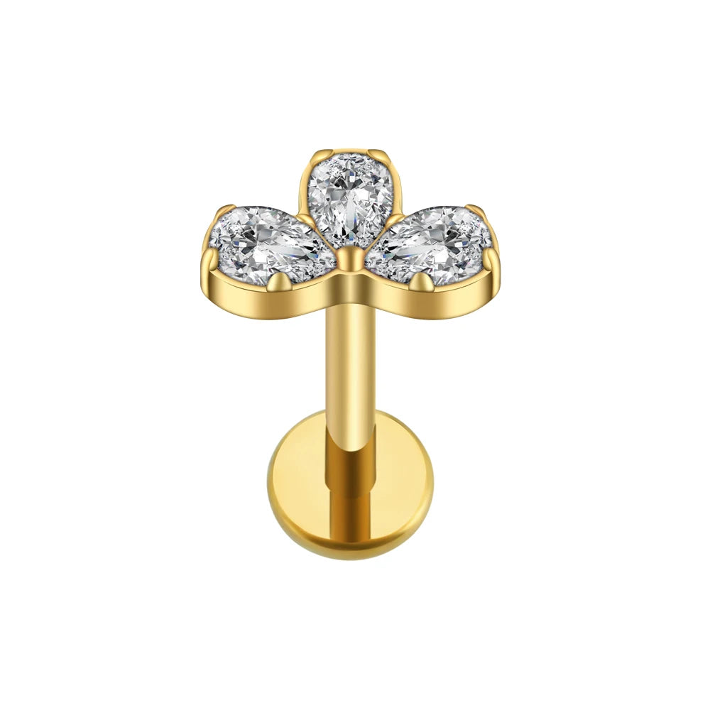 Right Grand ASTM F136 Titanium 16G Triple Flower Stud Earring With Waterdrop CZ Conch Helix Cartilage Tragus Piercing Jewelry