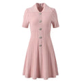 New Arrival Fashion Style Spring Lady Turn-down Collar Single-breasted Short Sleeve Women Knit A-line Solid Mini Dress