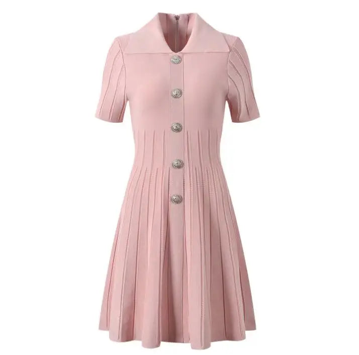 New Arrival Fashion Style Spring Lady Turn-down Collar Single-breasted Short Sleeve Women Knit A-line Solid Mini Dress