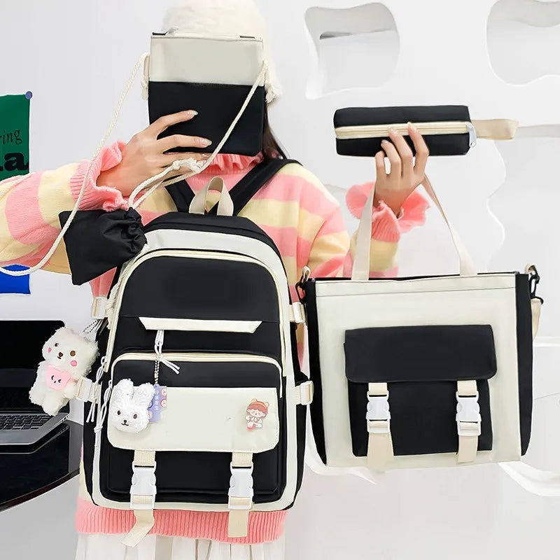 Cute 17-Inch Waterproof School Backpack Set Zipper College Style Beautiful Pencil Case Tote Bag Shoulder Bag Cartoon for Girls