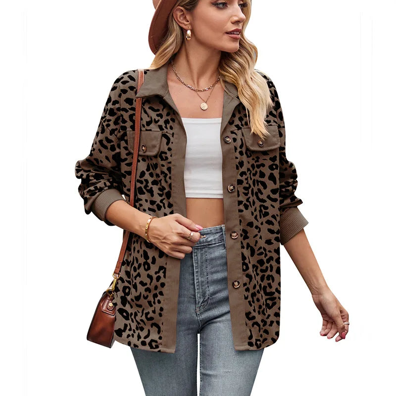 2025 Autumn New European and American Women's Leopard Print Button Blouse Long Sleeved Shirt Coat for Women