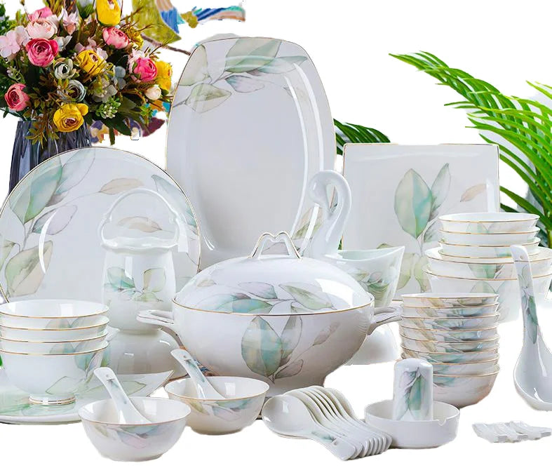 Bone China 60-Piece Premium Dinnerware Set Eco-friendly Plant Pattern Customized White Plates Utensils Kit for Home Restaurant