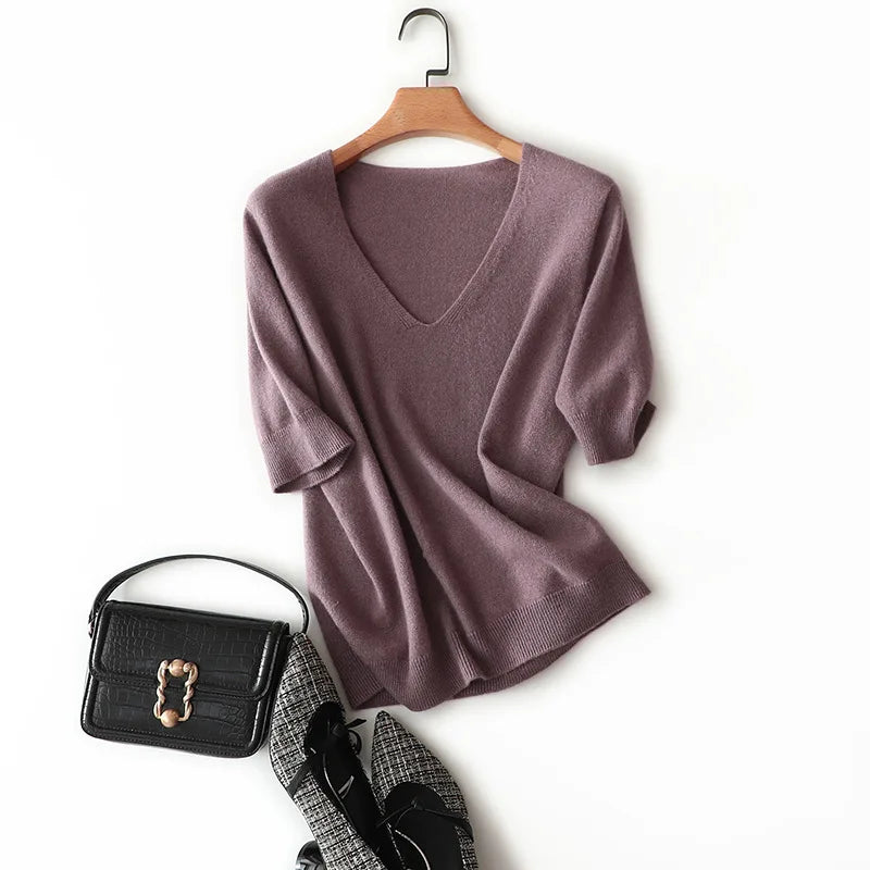 Summer Women Short Sleeve Shirt Inner Cashmere  Pullover V Neck Cashmere Sweater 100%Cashmere Sweater for Women