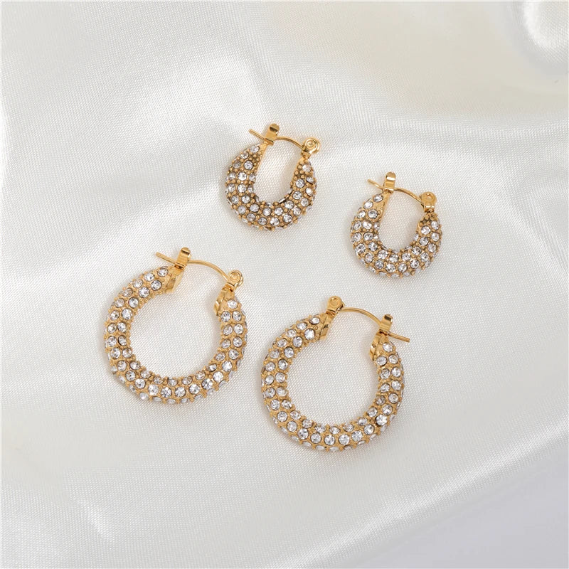 Fenny Tarnish Free Waterproof Shiny Micro Clear&Emerald Gem Pave Hoop Earring Trend for Party Wholesale Stainless Steel Ladies J