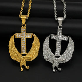 Fashion Hip Hop Stainless Steel Inset Zirconia Shining Cross and Eagle Religious Fine Pendant Necklaces Jewelry for Women