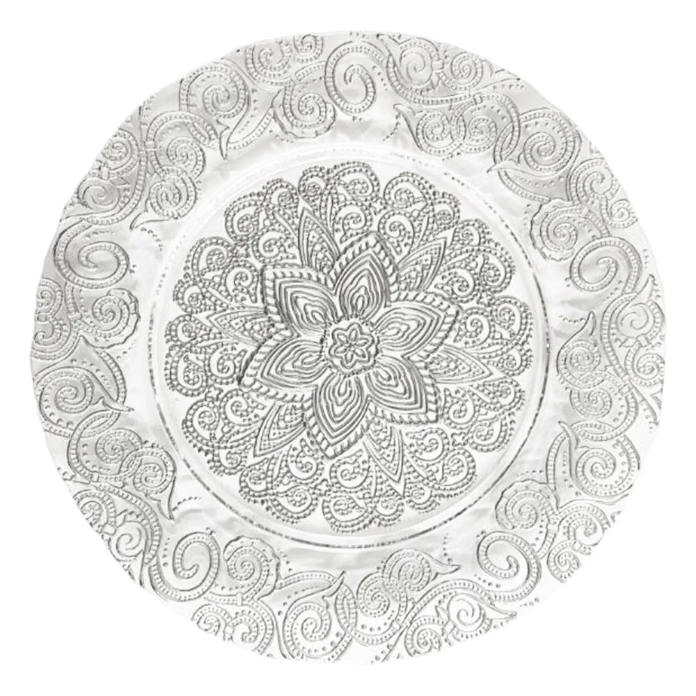 Luxury Wholesale Designer Silver Flower Glass Charger Plates Wedding Decoration Dinner Plate Chargers
