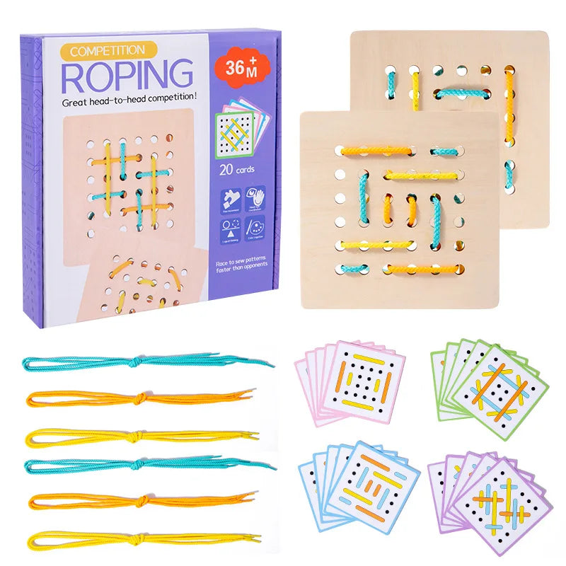 Custom Montessori Children Wooden VS Human Threading Puzzle Board Educational String Life Skill Learning Toys for Boys and Girls