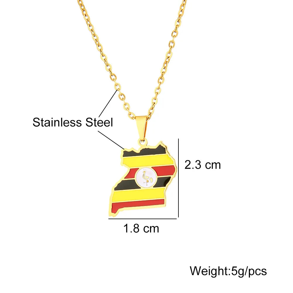 BINSHUO Wholesale Custom Stainless Steel Jewelry Drop Oil Uganda Nation Flag Map Men Pendant Couples Charm Necklace for Women