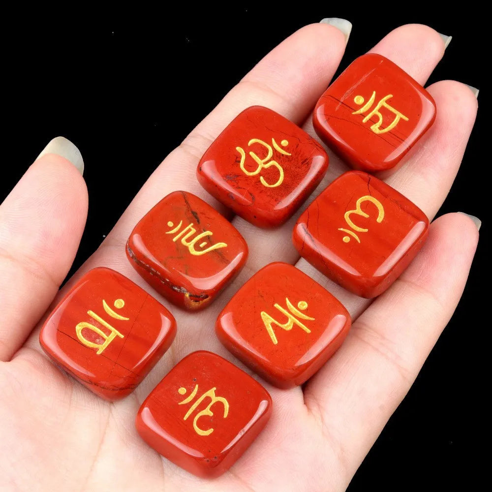 HZ 7pcs Chakra Symbol Gemstone Irregular Square Carved Crystal Ornament Yogic OM Feng Shui Pattern Red jasper Chakra Symbol Set