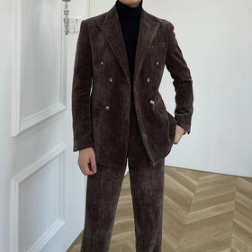 British Retro Corduroy Double Breasted Suit Men Korean Thick Men Office Suits 2 Pieces