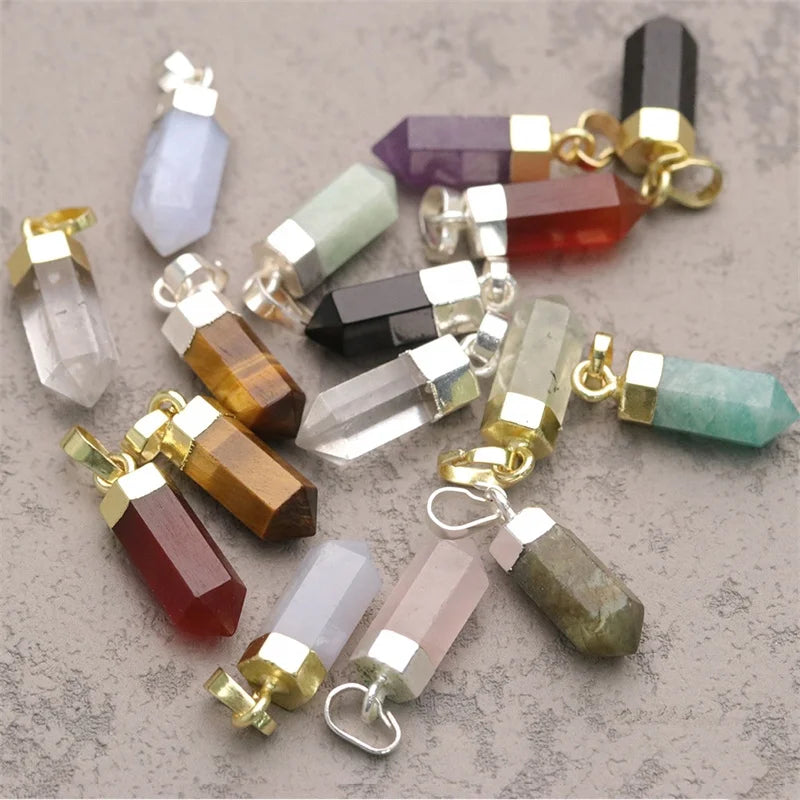 Fashion Bullet Shaped Pendant With Gold and Silver  Plated Natural Crystal Gemstone Tiger Eye Amethyst Charms