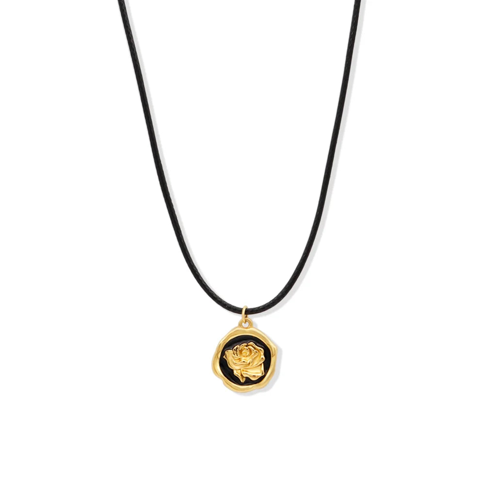 Chris April 316L Stainless Steel Hand Crafting Black Enamel Rose Cameo Pendant Necklace