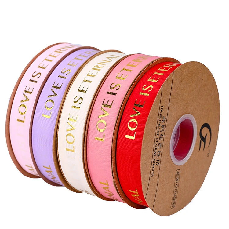 Wholesale 1 Inch Black 100% Polyester Recycled Ribbon Gold Foil Custom Logo Printed Grosgrain Ribbon Valentine's Day Decorative
