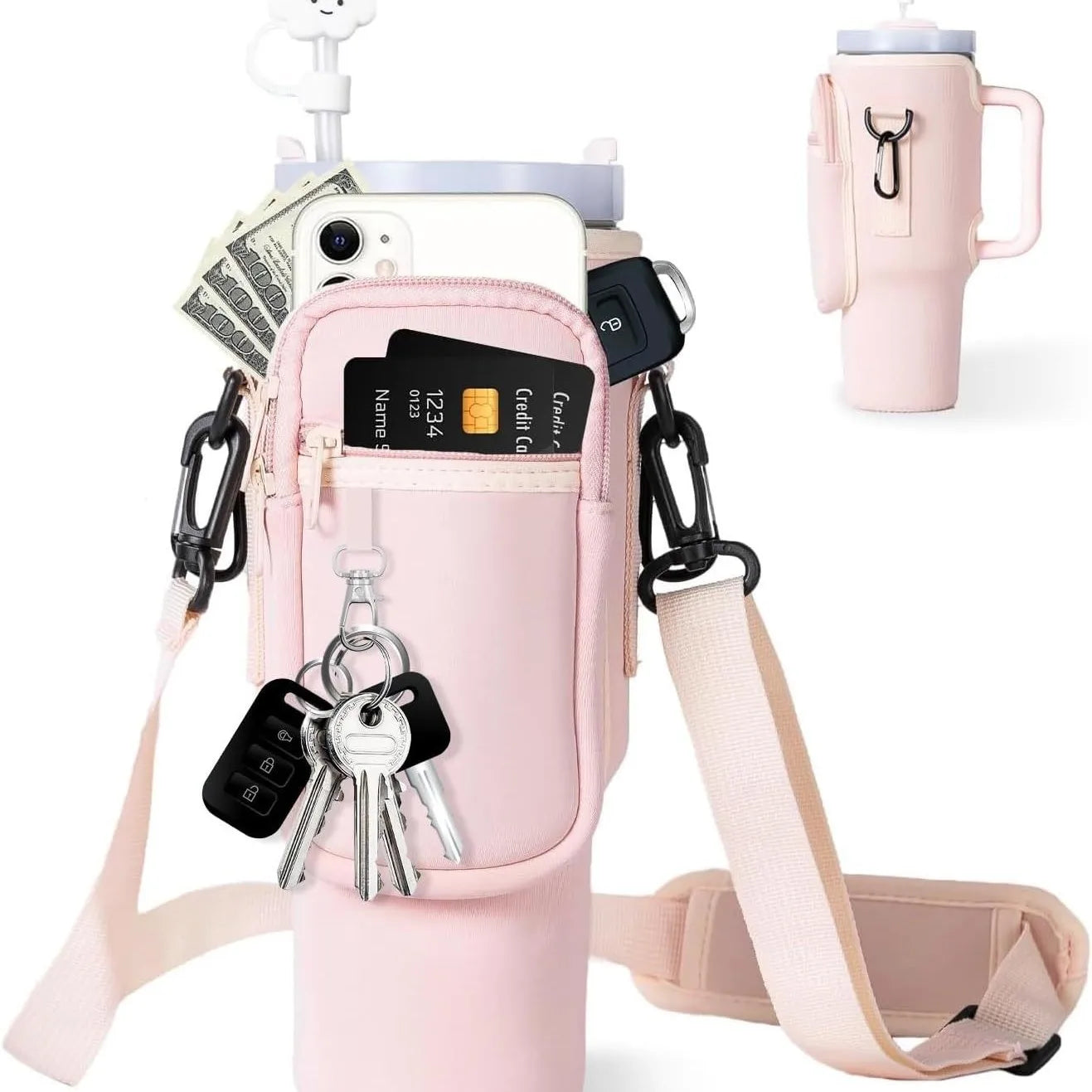 Dropshipping Water Bottle Holder Carrier Bag Adjustable Shoulder Strap with Zipper Phone Pocket Cup Accessories for Stanley