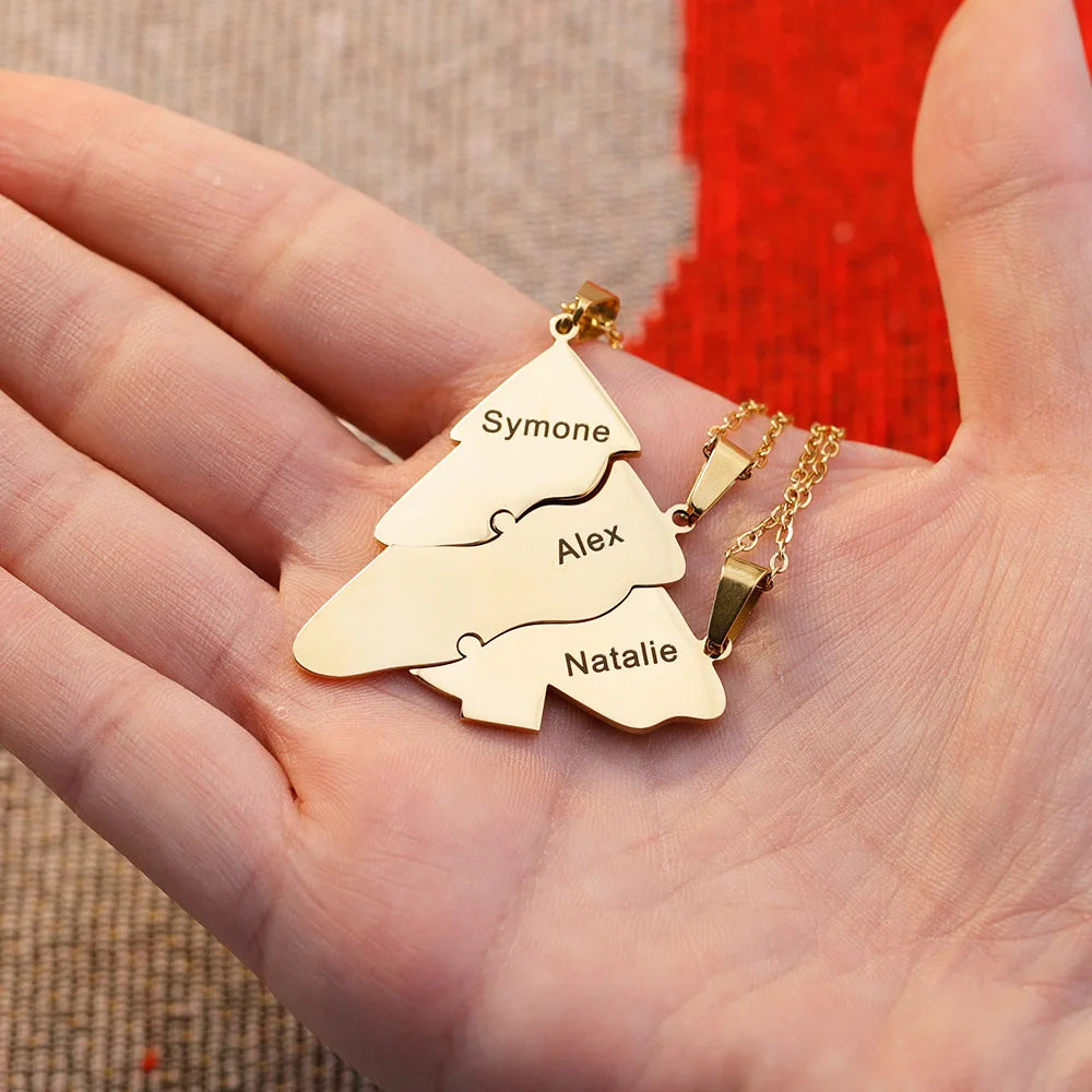 Xmas Gift Custom Name Engrave Christmas Pendant Necklaces Jagsaw Puzzle Christmas Tree Necklace