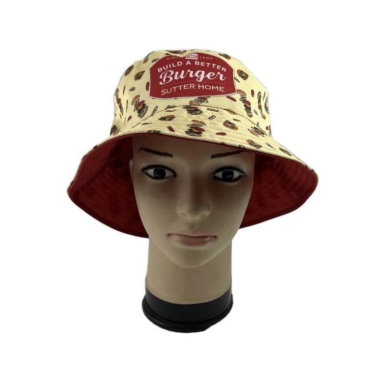 Wholesale Unisex Summer Yellow Double Sided Red Custom Logo Hamburgers Soft All-over Printing Reversible Bucket Hat