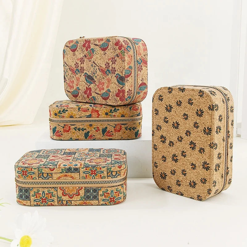 Natural Cork Vintage Jewelry Box Mirror Attached Organizer Case for Ring Necklace Earring Bracelet