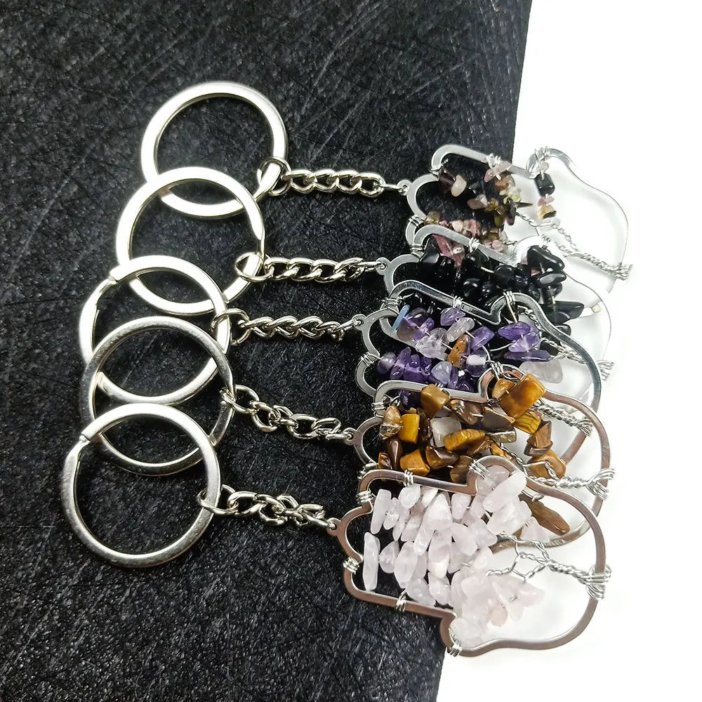 HZ 2025 100% Natural Crystal Agate Crystal Life Tree Pendant Hand Wound Silk Key Chain White Jade Fortune Tree Key Chain