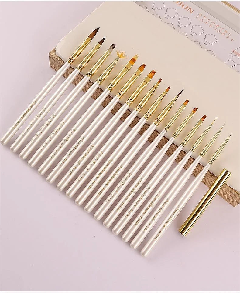 16PCS Pearly Luster Wood Handle Soft Nylon Hair Crimped Ferrule Liner Nail Art Brush Set for Manicure Tools