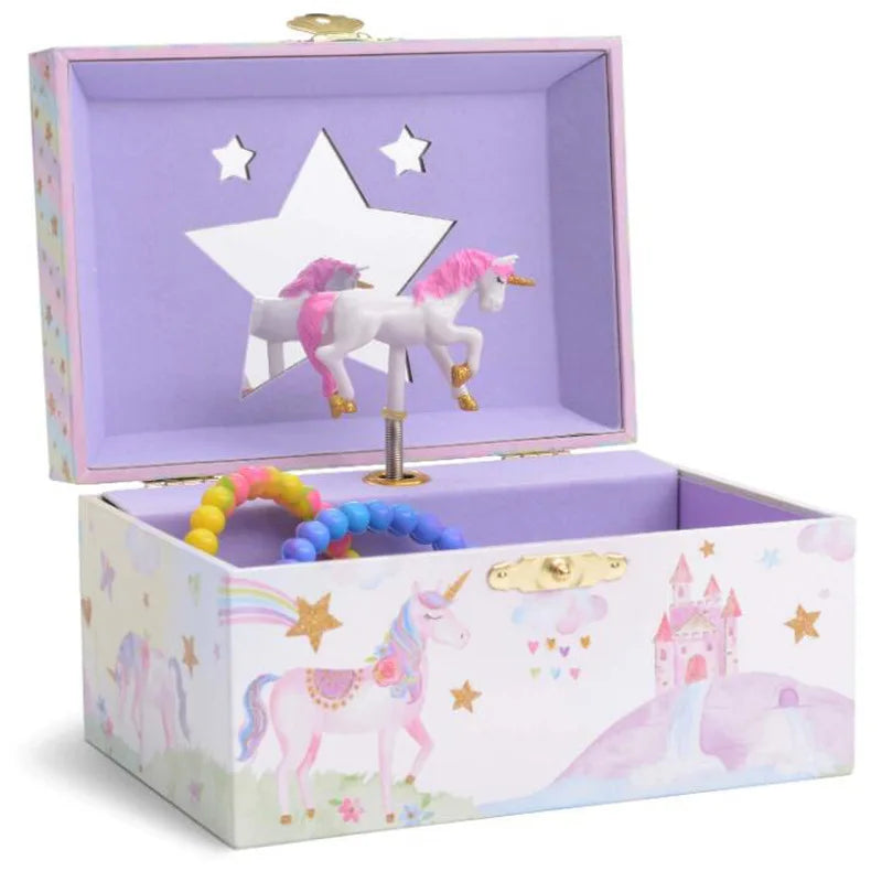 Girl's Musical Jewelry Storage Box With Spinning Unicorn Glitter Rainbow and Stars Design Jewelry Box With 2 Pullout Drawers