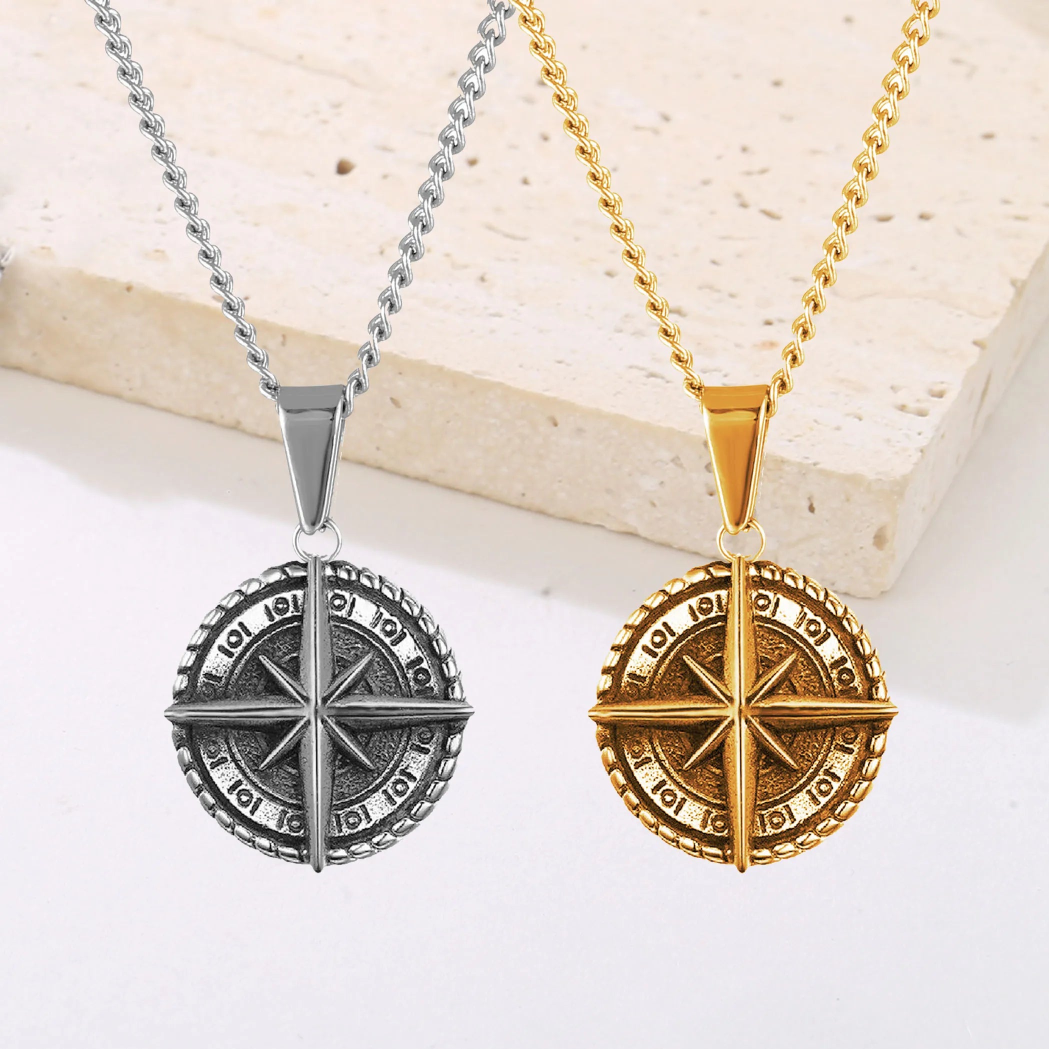 Stylish Vintage Men's Compass Navigator Necklace Pendant Stainless Steel Chain Hiphop North Star Pendant Travel Necklace Jewelry