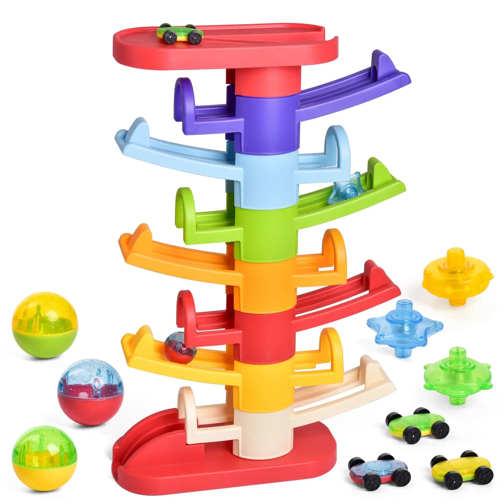 Toys for Boy and Girl Gifts Wooden Race Track Car Ramp Racer with 4 Mini Car (Bear)