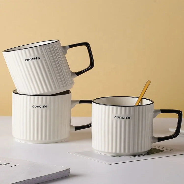 Manufacturer Custom Nordic Style Glazed Ceramic Mug 11oz Embossed Stripe White Coffee Cup-for Gifts