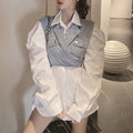 S-3xl Design Casual Suit Lapel Long Sleeve Shirt+short Sleeveless Waistband Denim Vest Two Piece Set