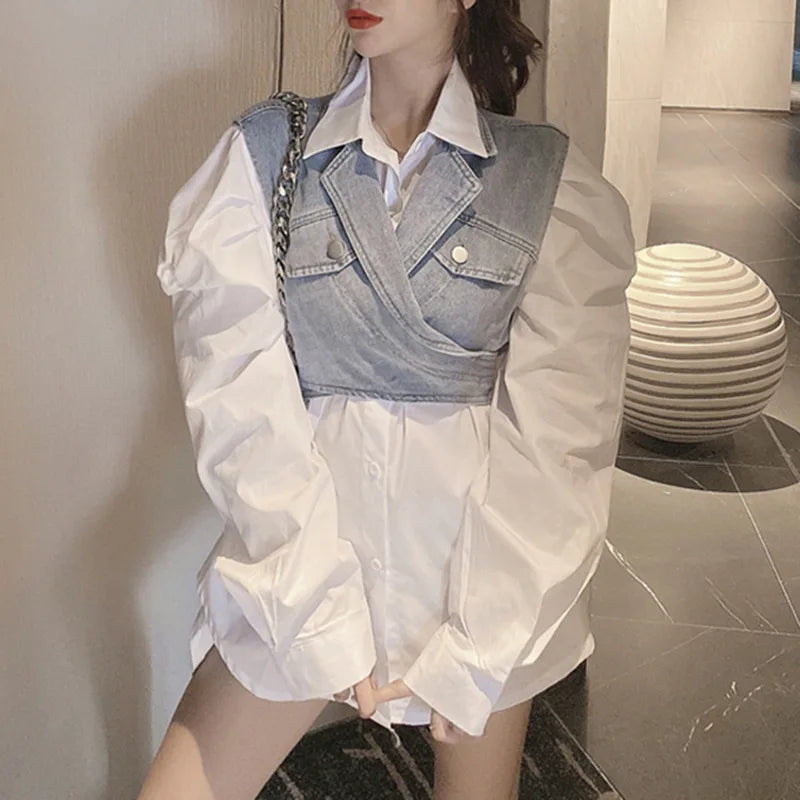 S-3xl Design Casual Suit Lapel Long Sleeve Shirt+short Sleeveless Waistband Denim Vest Two Piece Set