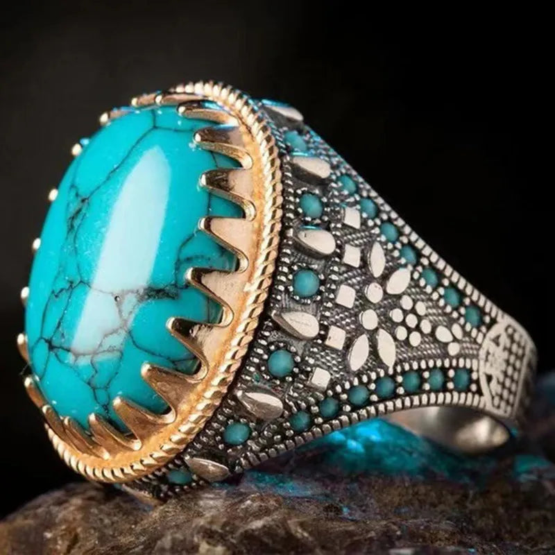 2022 New Fashion Turquoise Inlaid Alloy Ring Adjustable Fine Finger Jewelry Zircon Stone Boy Restoring Ancient Ways Trendy Gift
