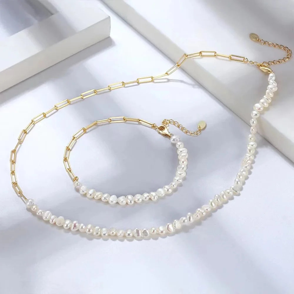 Natural Baroque Freshwater Pearl 925 Sterling Silver 14k Gold Inlaid Paper Clip Chain Bracelet Jewelry