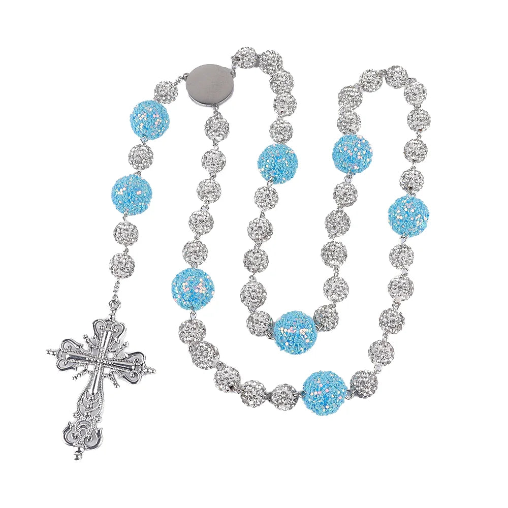 NEW Christian Jewelry Handmade Soft Ceramic Diamond Ball 10mm Rosary Necklace White Pink Rhinestone Rosary Necklace for Gift