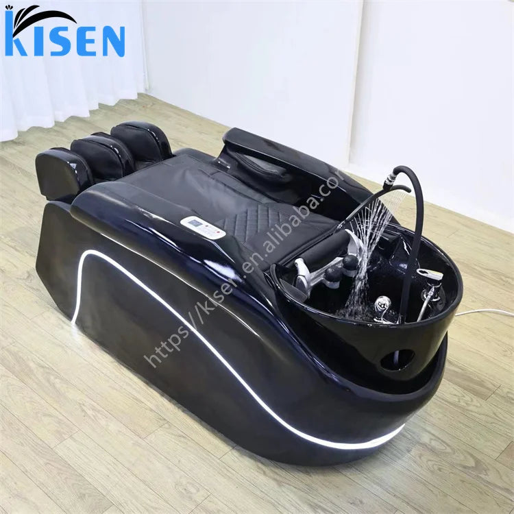 Modern Black White Design Japanese Head Spa Shampoo Chair and Massage Bed With Ceramic Wash Basin and Sink for Barbershop Salon