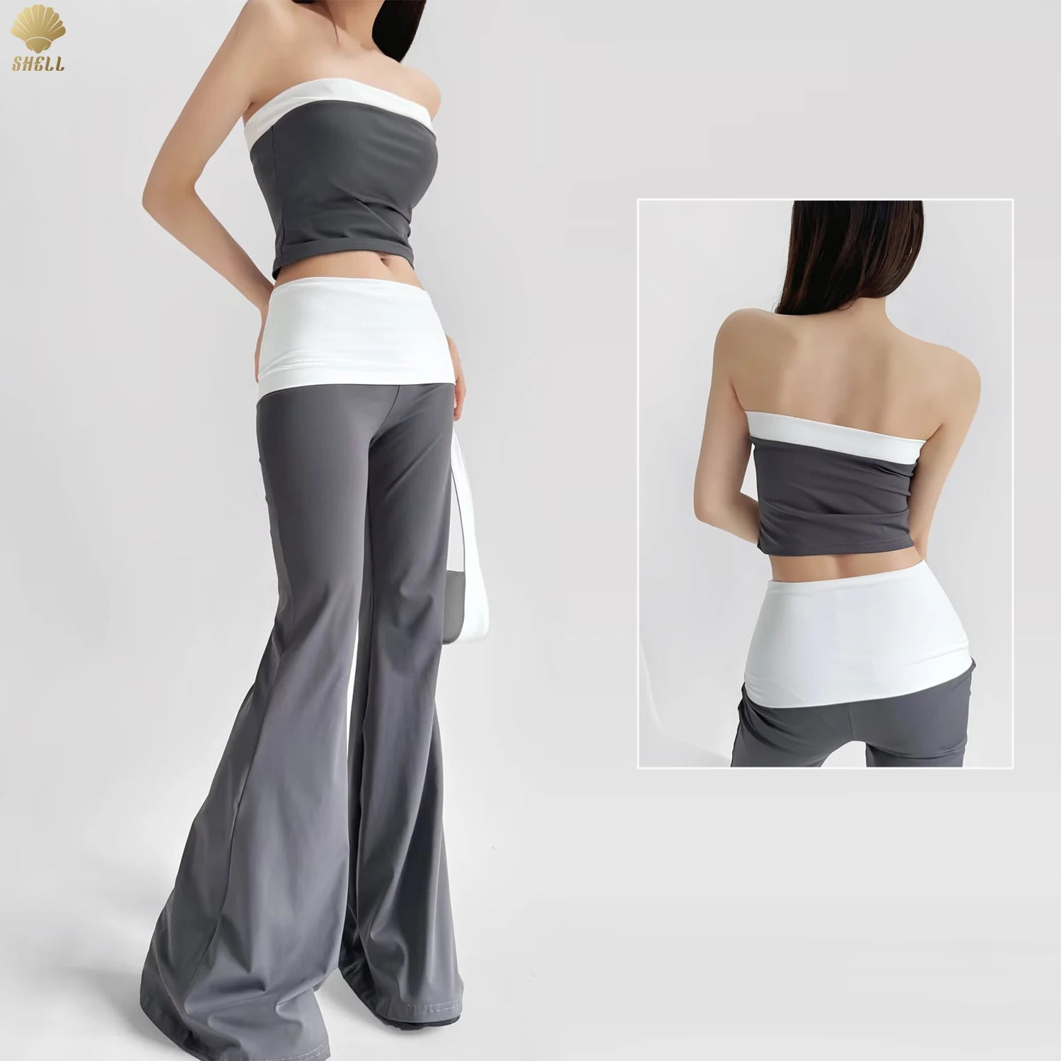 CNSHELL Sportswear Tube Tank Top and High Waist Fold Flare Legging Floor Length Yoga 2 Piece Set Women