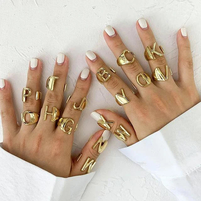 New Fashion Chunky Initial A-Z Letter Adjustable Opening Rings for Women