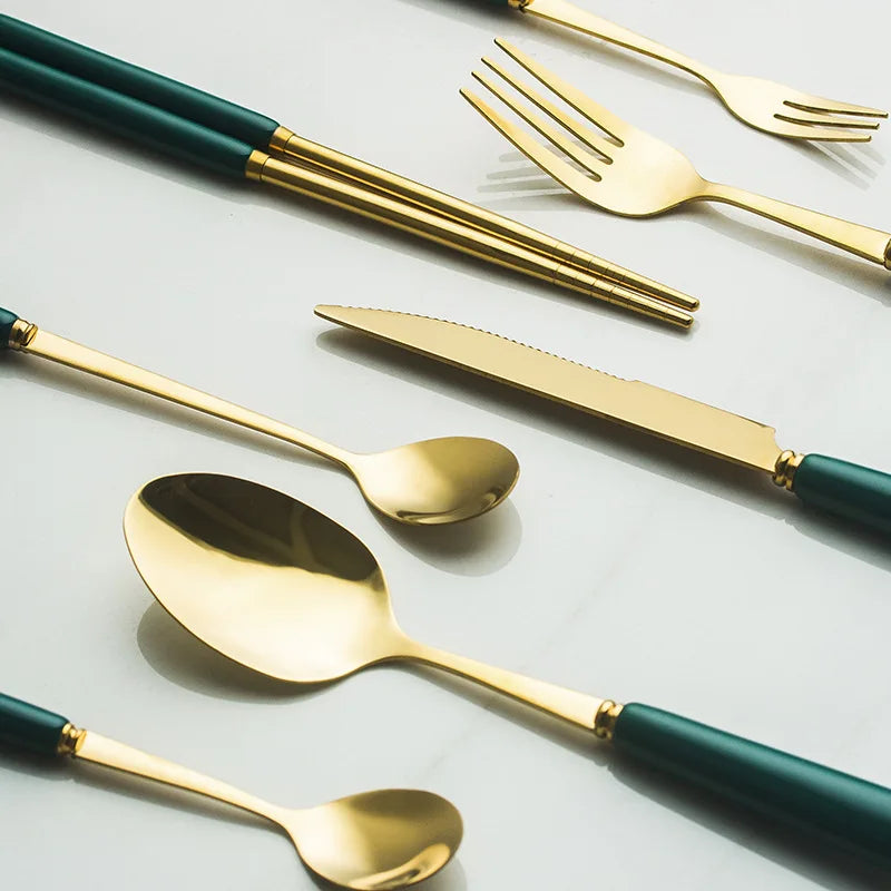 ZS Tonda Nordic Marble Ceramic Handle Flatware Sets Stainless Steel Fork Spoon Chopsticks Portable Cutlery