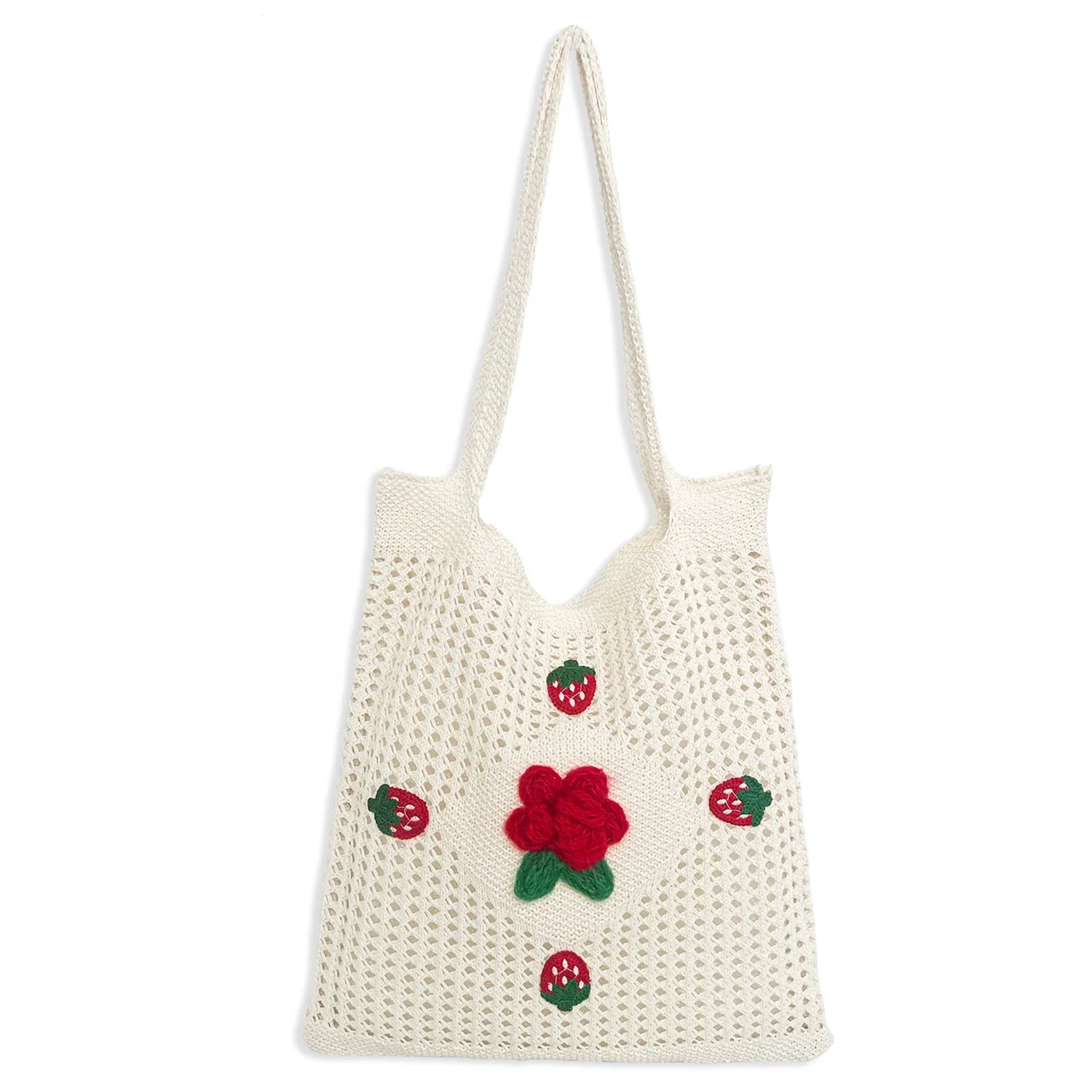 2024 Stock Available Women's Handmade Strawberry Knitted Crochet Flowers Portable Tote Handbags New Design Hollowed Summer