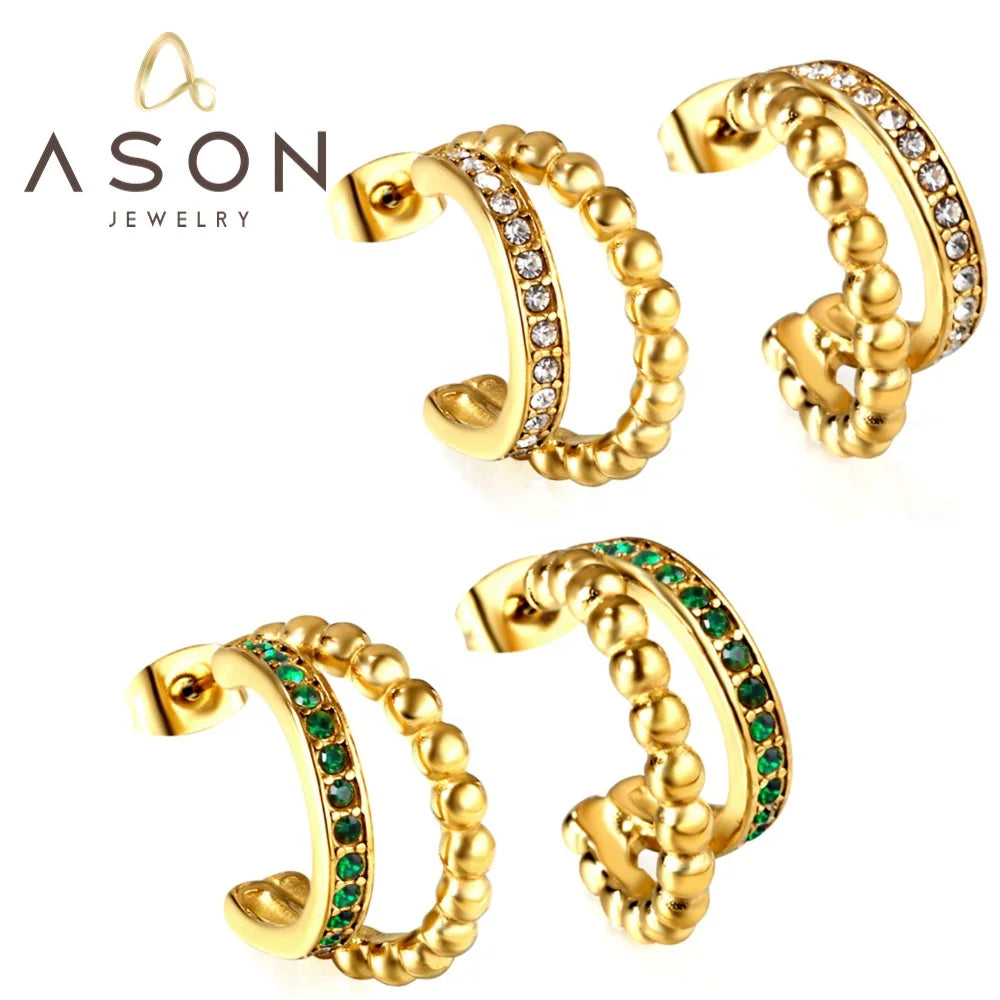Ason New 18K Gold-plated Stainless Steel Fashion C-Hoop Earrings C-shaped Gold Beads Green/White Diamonds Double-layer Earrings