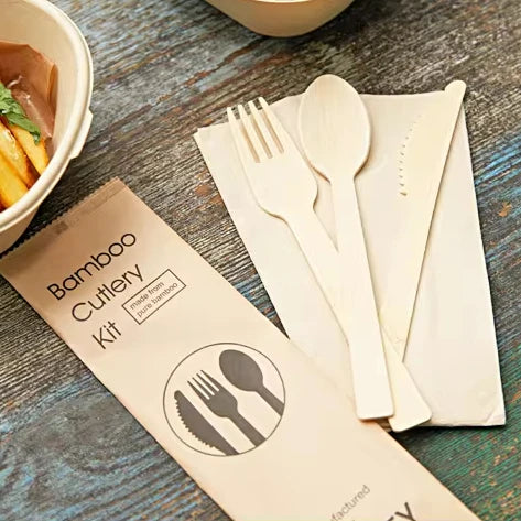 Wholesale Ecological Heat Resistant Fork Spoon Knife Set With Paper Napkin Bamboo Wooded Disposable Cutlery