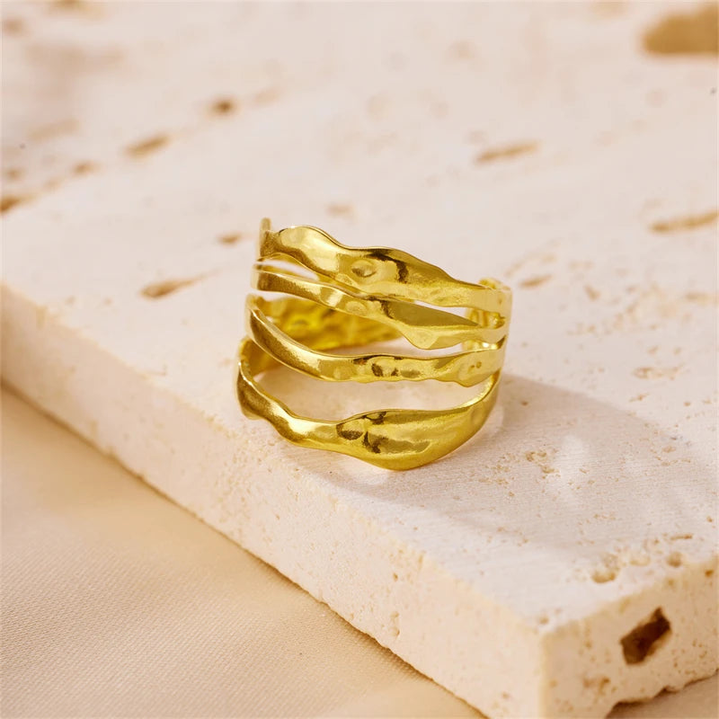 Trendy Adjustable Gold Plated Quadra Layer Ring for Women Stainless Steel Ring