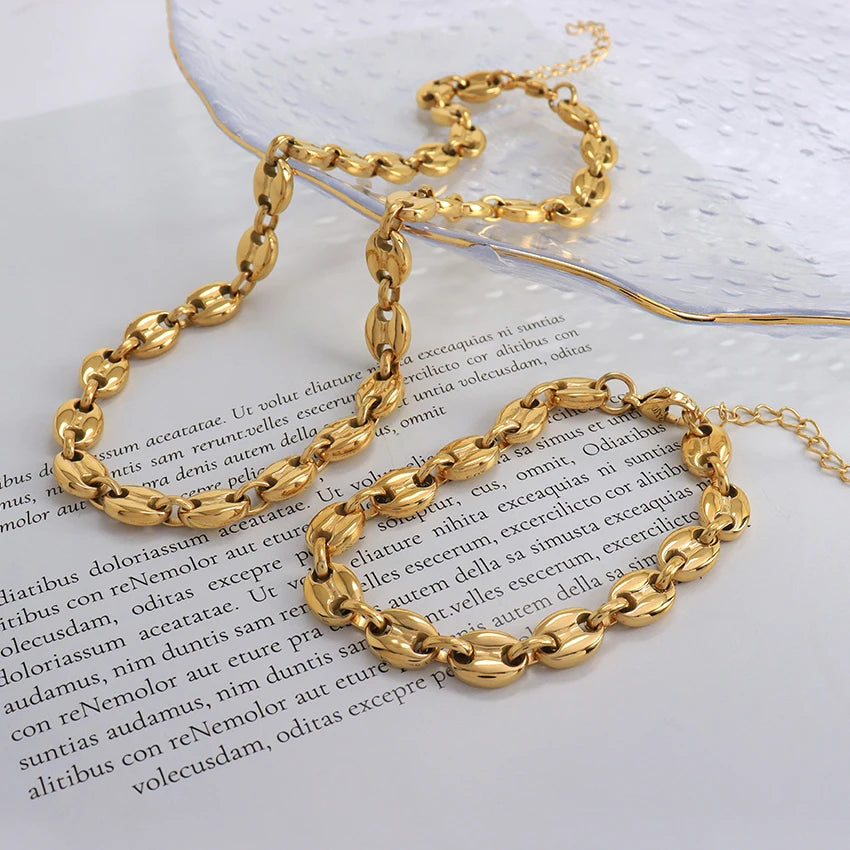 Stainless Steel Coffee Bean Chain Necklaces Tarnish Free Jewelry 18K Gold Plated Coffee Bean Chain Bracelets for Men Women