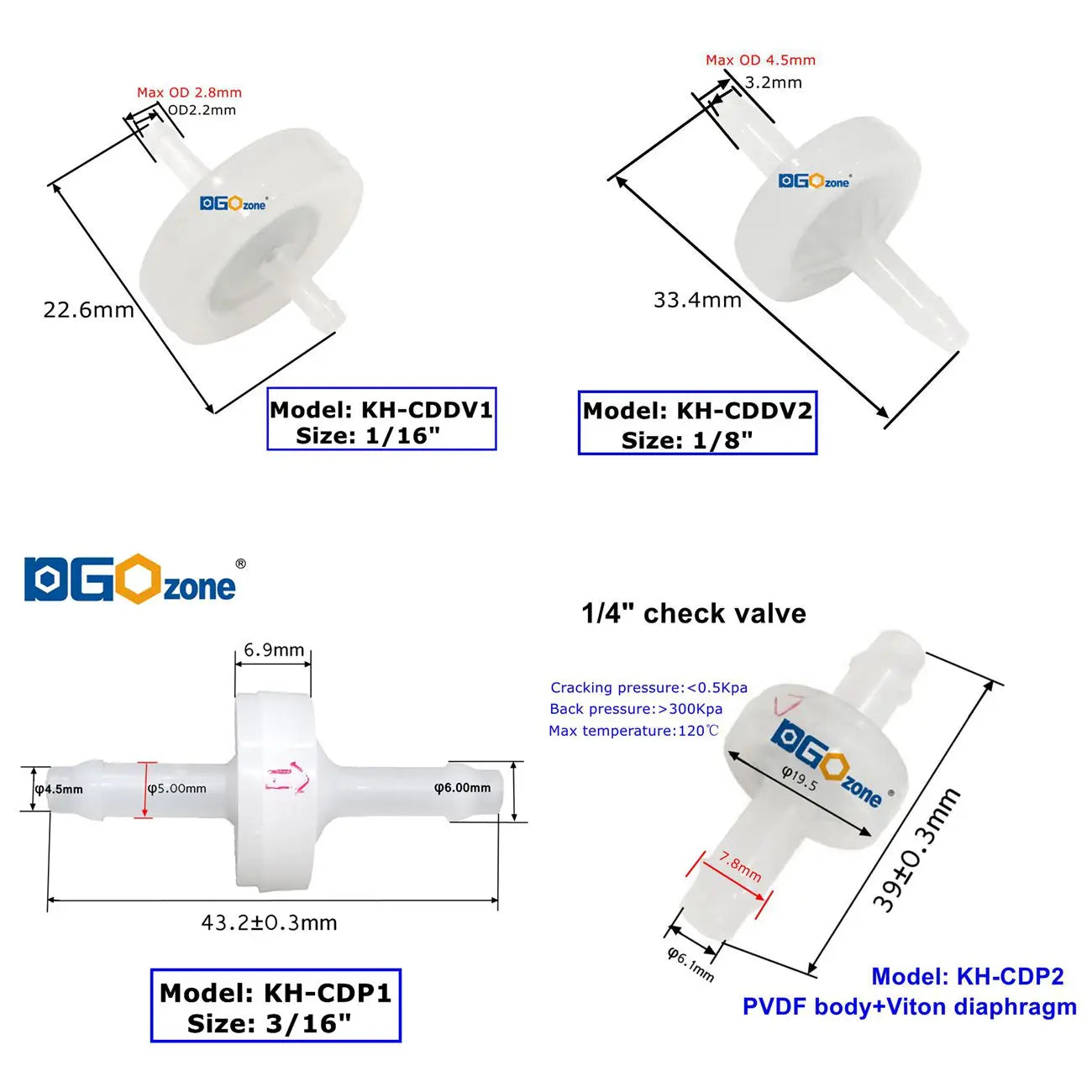 1/16 1/8  3/16  1/4 5/16  3/8 PVDF Small Hose Plastic Ozone Valve NRV Non Return Check Valves