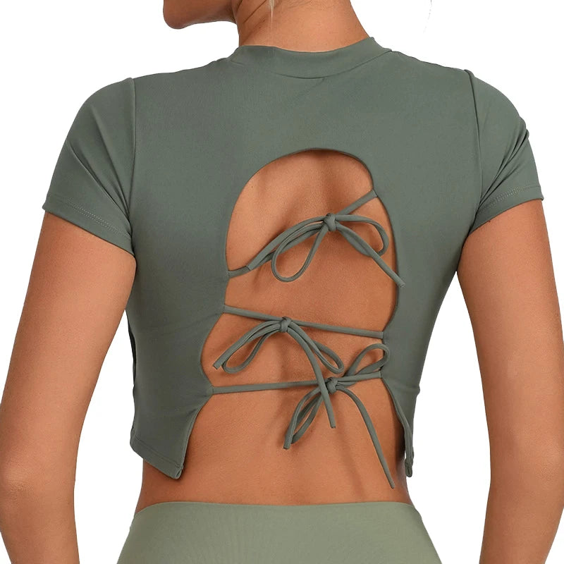 Women's Fitness T-Shirt Short Sleeve Elastic Compression Drawstring Padded Crop Quick Dry Breathable Solid Print Pattern OEM
