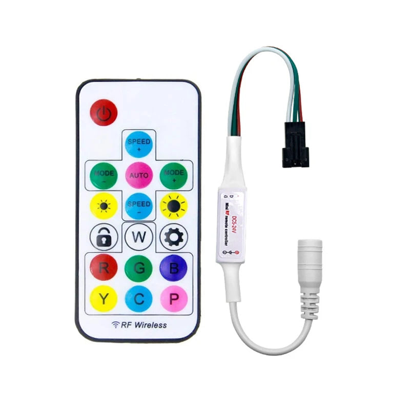 2048 Pixels Max Controlled SP104E RF Remote 17Key Wireless Mini Dimmers DC 5V 12V 24V RGBIC LED Pixel Strip Light Controller