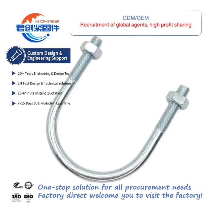 Zinc Plated Carbon Steel U-Bolt Clamp Customizable Metric Thread Pipe Jointing DIN BS Standards Flat Head Support